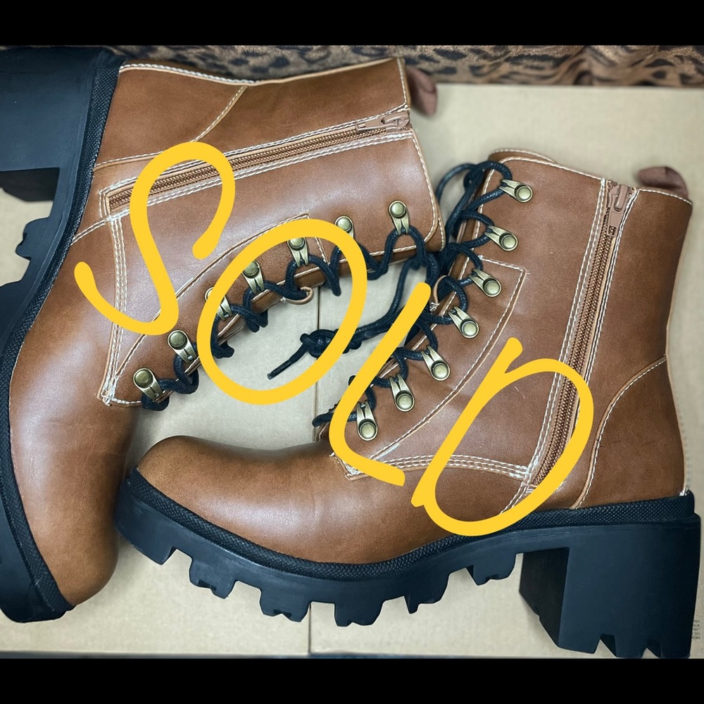 JustFab Cognac Combat Zipper Lace Up Boot